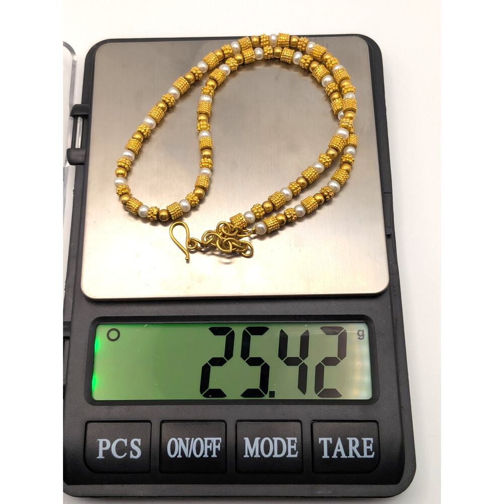 Gold Tone Faux Pearl Beaded Necklace Adjustable Choker 16in - Picture 8 of 8